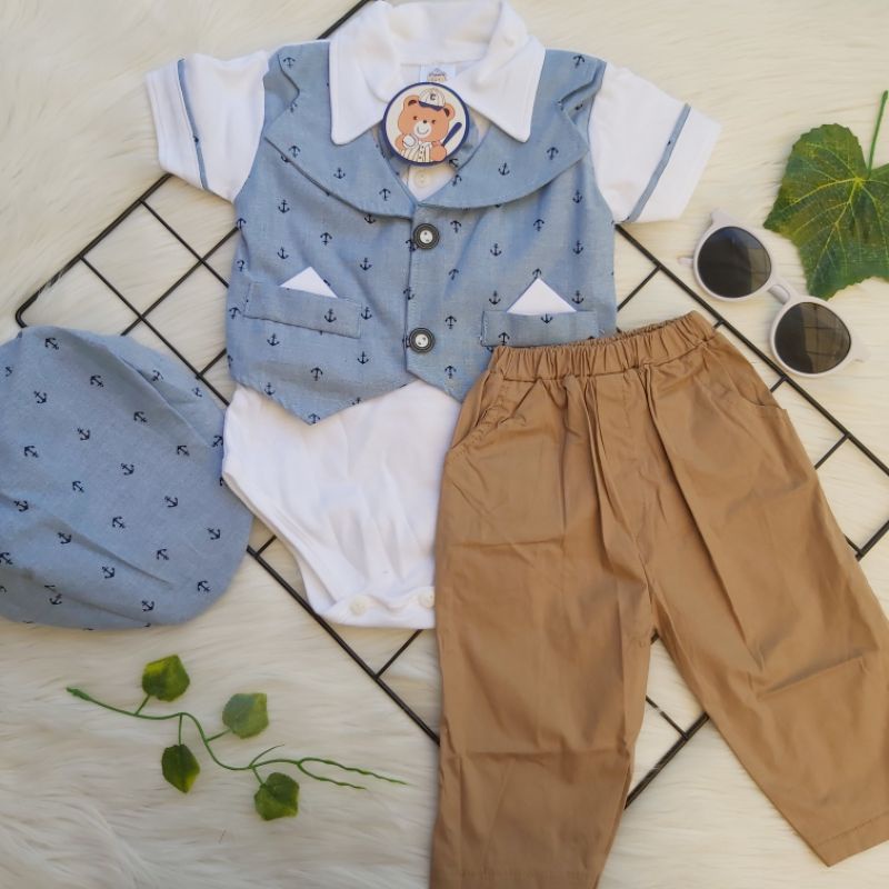 Baju setelan 6 - 12 bulan Dilan Jumperset Kaos Jumper Jangkar celana Chinos baby Rompi Celana dasi topi pergi fashion bayi laki laki cowok murah