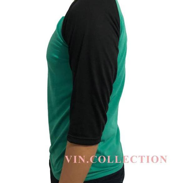Flashϟsale Kaos polos raglan 3/4 pria wanita - hijau tosca kombinasi hitam