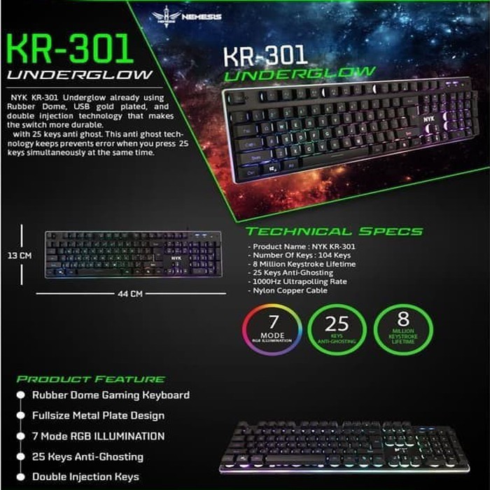 Keyboard Gaming NYK KR-301 Underglow RGB Metal Plate