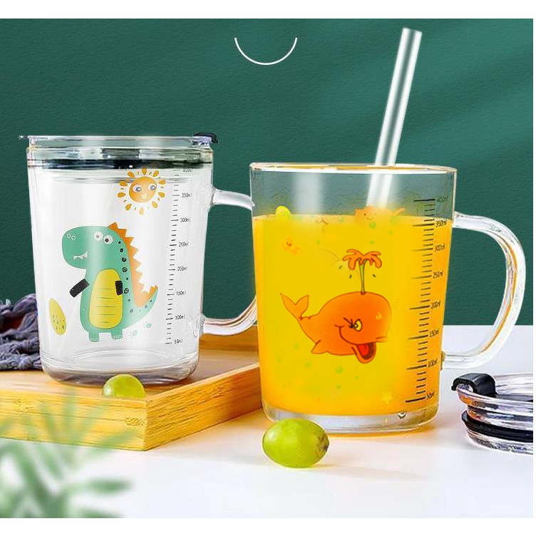 GELAS KACA LUCU MOTIF ANIMAL GLASSWARE 400ML MUG KACA CANGKIR KACA TUTUP DENGAN SEDOTAN