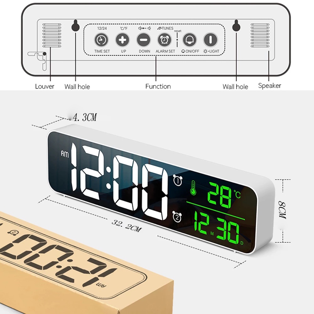 Jam Digital Fashion Jam Cermin LED Untuk Rumah Ruang Tamu Kamar Tidur Kantor Hiasan Dinding Music Alarm Clock Dengan Termometer Suhu Kalender LED Digital Display