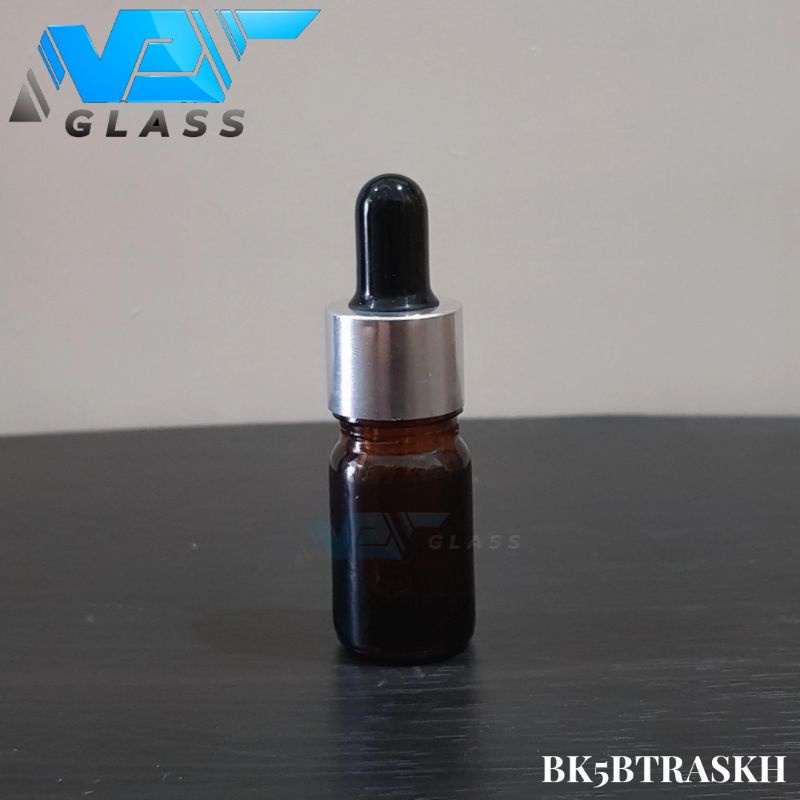 botol kaca pipet 5ml tebal amber coklat - ring almunium silver