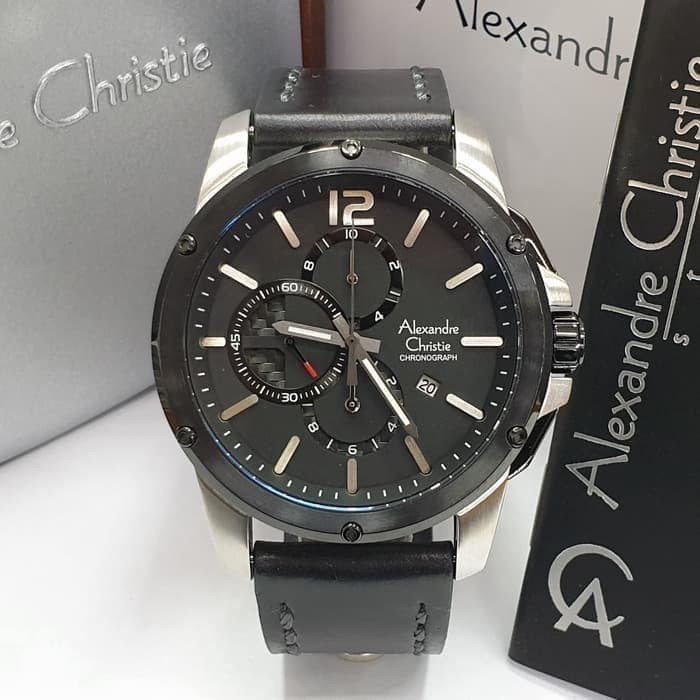 JAM TANGAN PRIA ALEXANDRE CHRISTIE AC 6486 / AC6486 SILVER RING BLACK LEATHER BLACK ORIGINAL