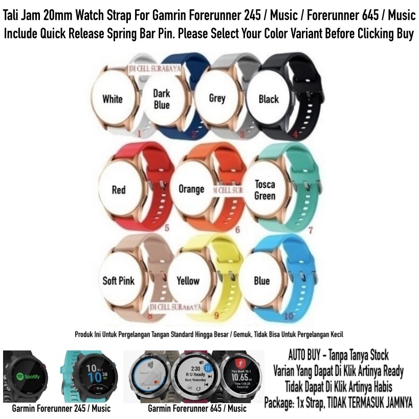 ATL Tali Jam 20mm Watch Strap Garmin Forerunner 645 245 Music - Rubber Active Large Panjang