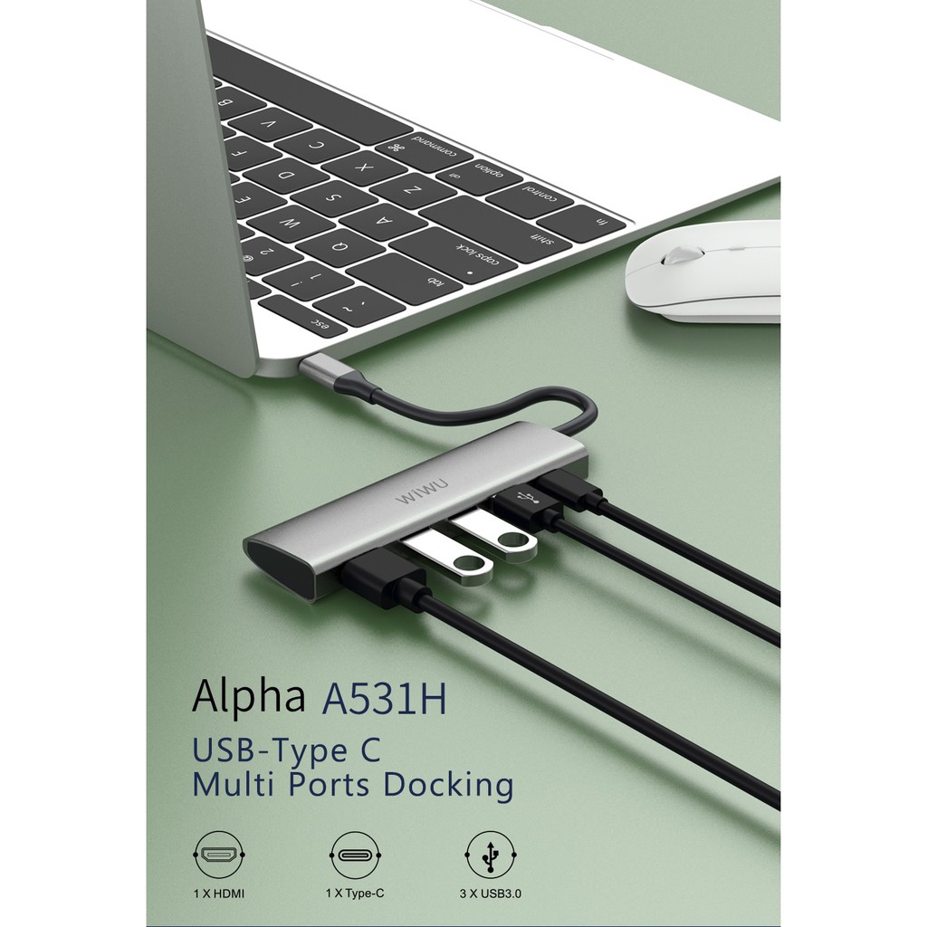 WIWU ALPHA A531H - 5-in-1 USB-C Hub - HDMI - USB3.0 - PD Charging Port - USB-C Extension Port