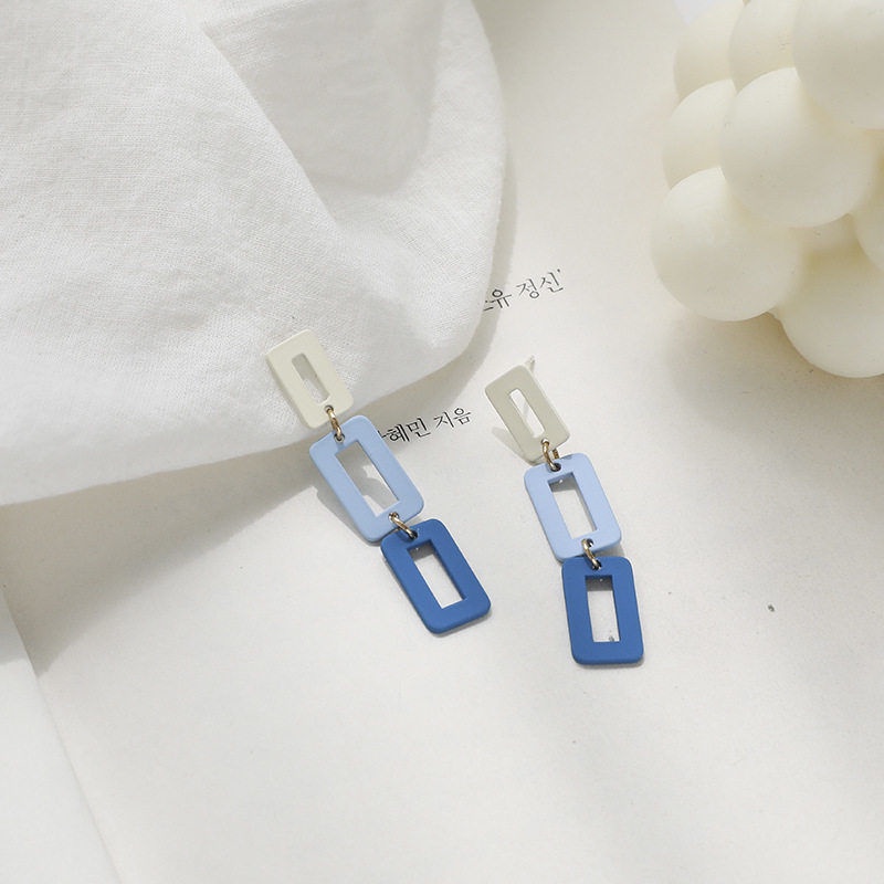 Korea baru S jarum perak biru rectangular telinga stud jahitan kontras warna elegan dan personalized