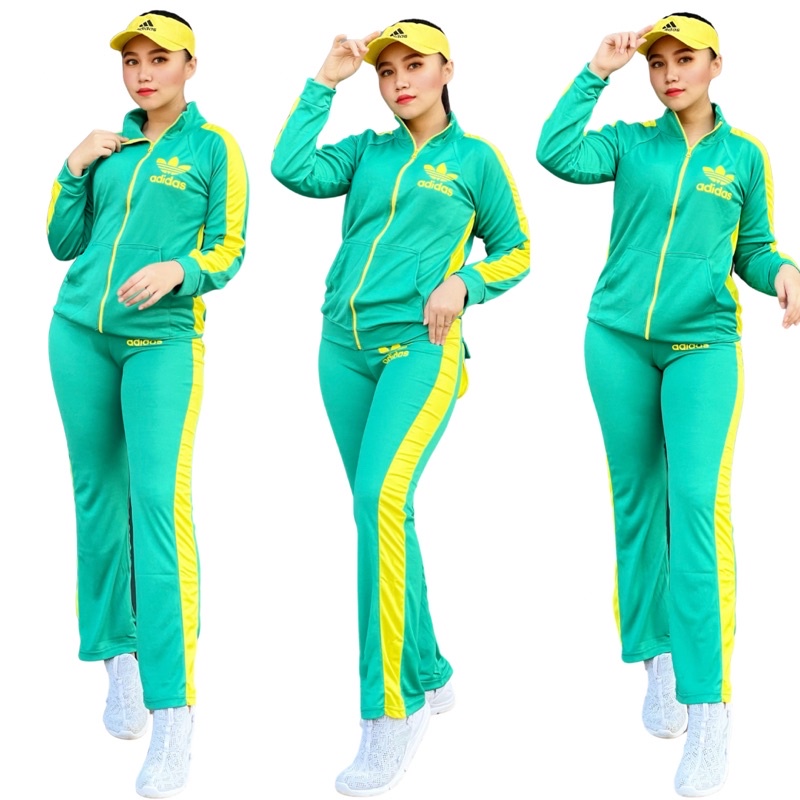 Setelan Baju Jaket Celana Logo List Kuning Set Senam  Olahraga Gym Fitness Jogging Gowes Wanita Panj