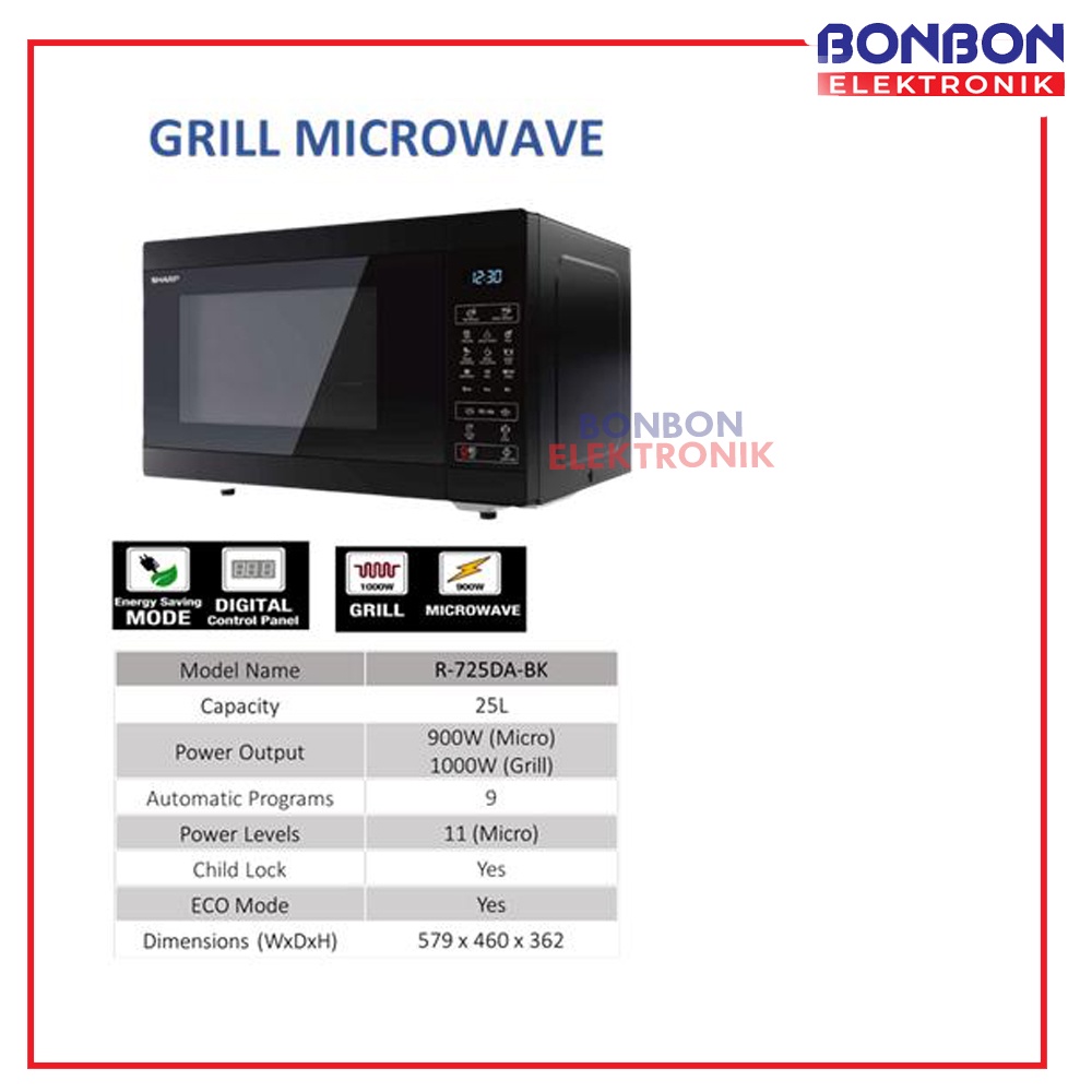 Sharp Grill Microwave R-725DA-BK 25 Liter / R 725DA BK 25L