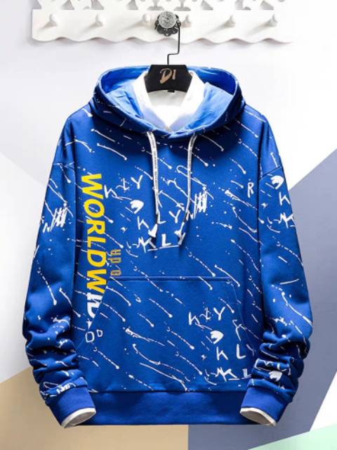 TOTOTAshop.Sweater Hoodie WORLD pria,Bahan Fleece tebal.motif sablon premium.