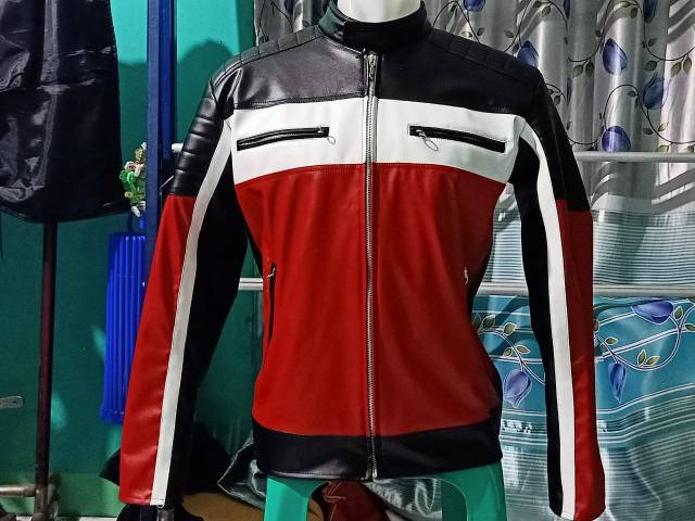 jaket kulit pria motor atau jaket cowok kulit sintetis kombinasi merah hitam premium