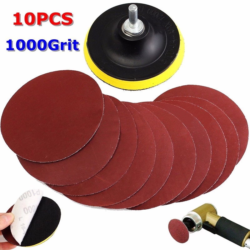 10Pcs 4/'/' Sanding Disc Sandpaper Hook Loop 1000Grit Backer Pad Drill Adapter
