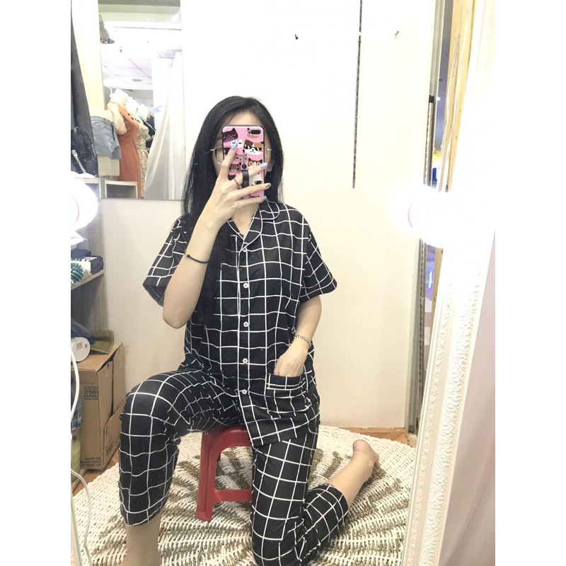 piyama/pajamas kotak&quot; CP cwe katun black.bajutidur/homewear/sleepwear katun CP cwe kotak&quot;cwekekinian