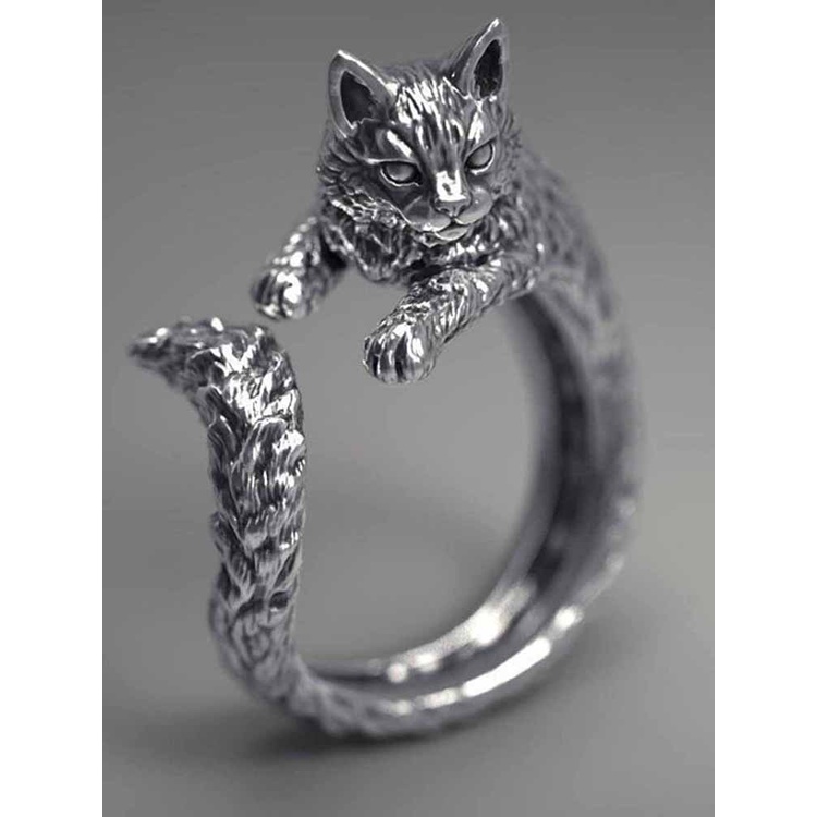 Cincin Desain Hewan Kucing Gaya Retro Punk Gothic Hip Hop Rock Untuk Wanita