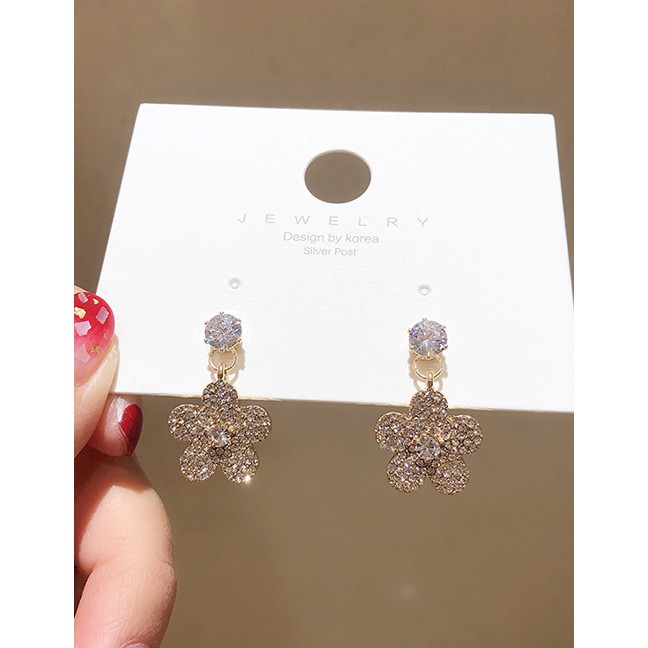 LRC Anting Tusuk Fashion Golden 925 Silver Needle Rhinestone Flower Earrings D89962