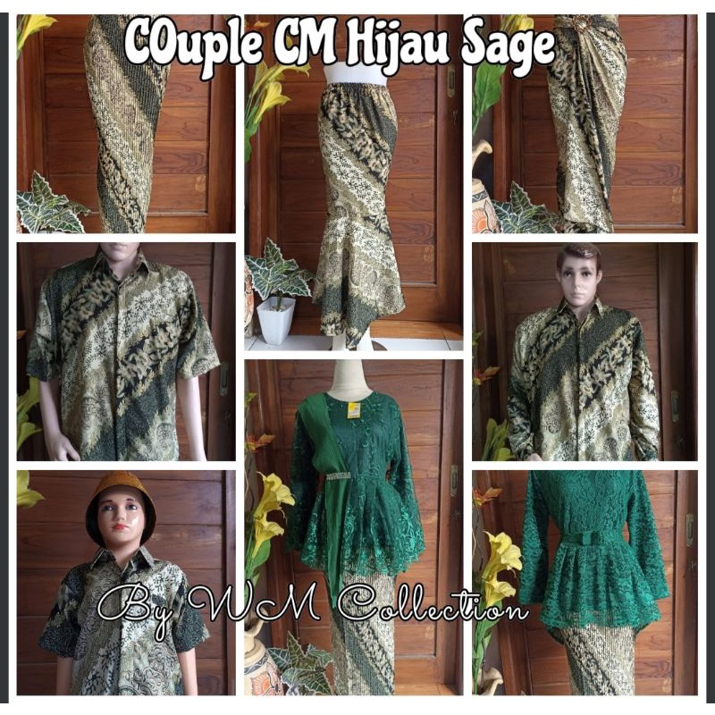 WM ~ Couple Batik Keluarga CM Hijau Sage Rok Plisket Batik Kebaya Broklat Rok Duyung