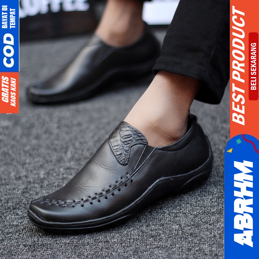 Abrhm Deza - Sepatu Formal Pantofel Pria Casual Kulit Asli Kerja Kantor Hitam