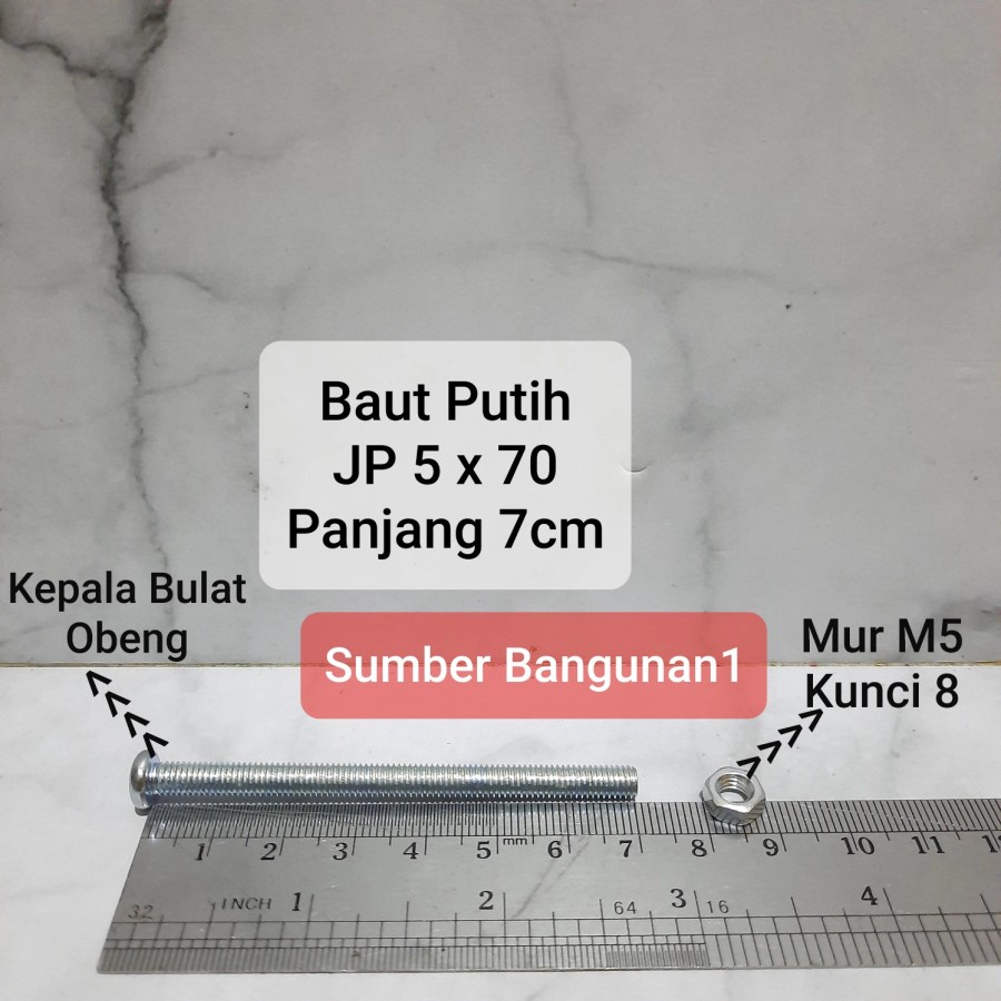 Baut JP 5 x 70 putih 7cm mur m5 kunci 8 m5x70 kepala obeng bulat 5mm