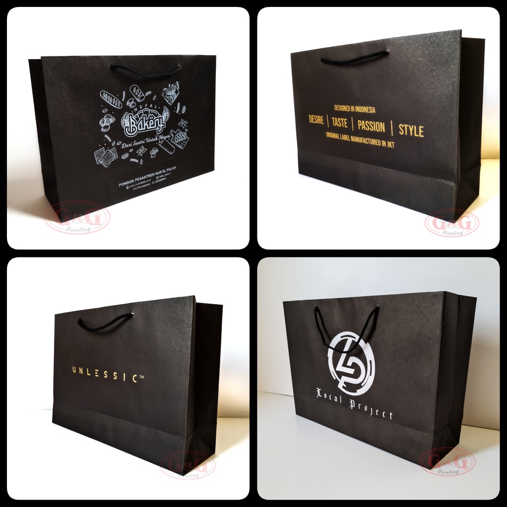 

Paper Bag Kraft Hitam Custom Print / Shopping Bag / Paper Bag Sablon / 29x9x21 / Min. 100pcs