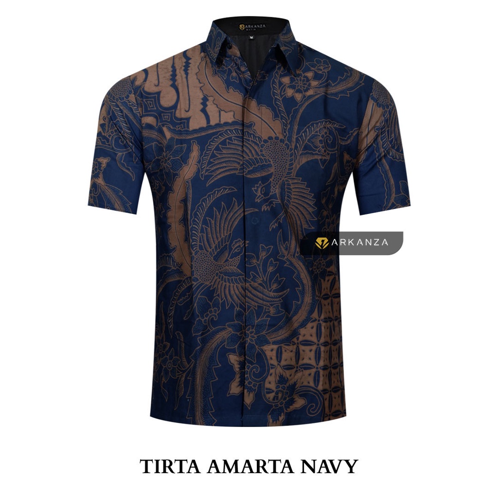 BATIK ARKANZA Motif TIRTA AMARTA NAVY PENDEK Hem Atasan Kemeja Baju Batik Pria Cowok Laki Laki Slimfit Full Lapis Furing Lengan Pendek