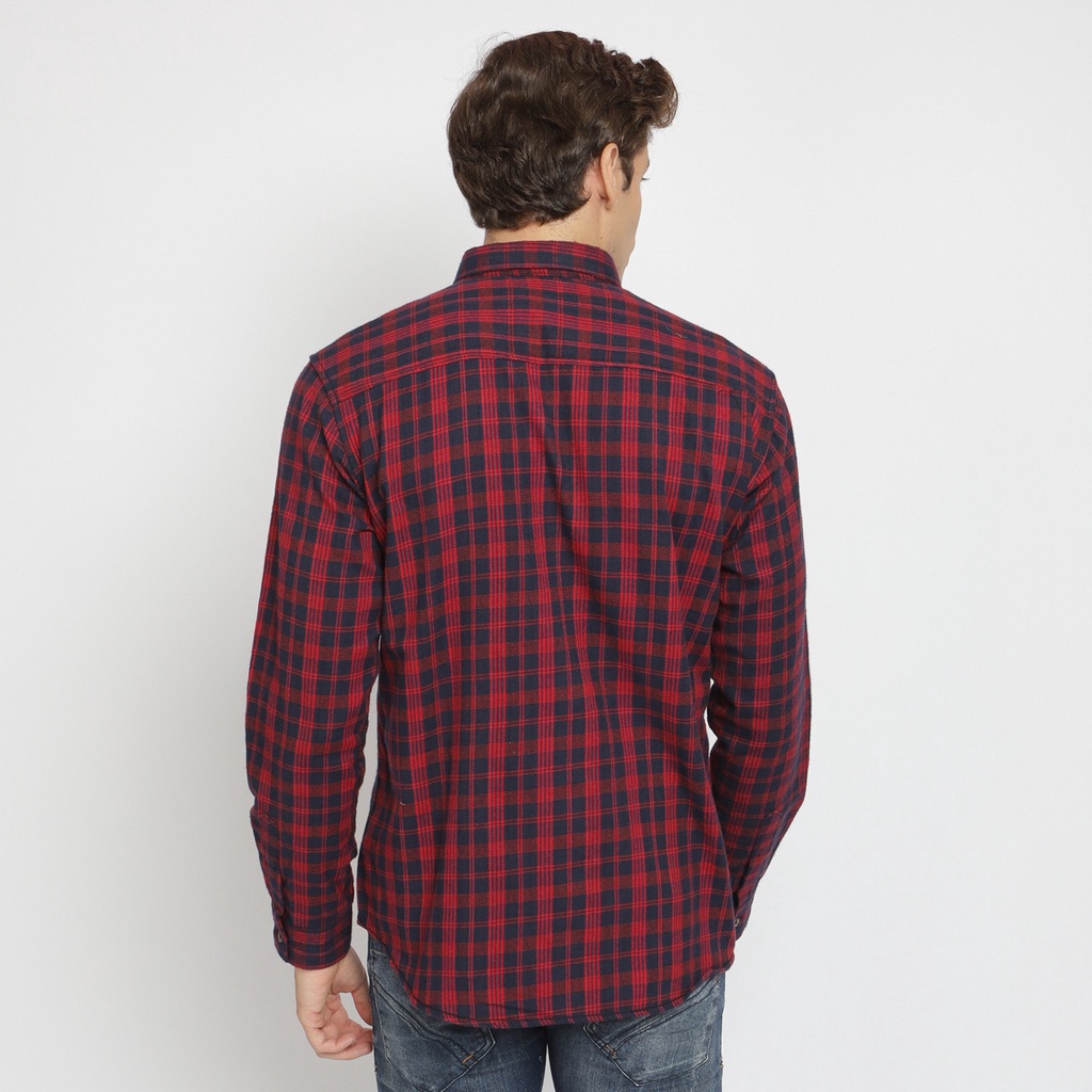 Kemeja flannel Lengan Panjang pria motif merah Flanel wol casual slimfit hitam garis putih