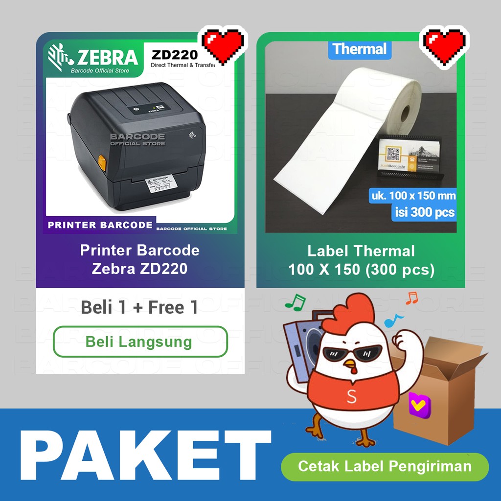 

Paket Printer Zebra ZD220 Free Label Thermal 100 x 150 mm isi 300pcs