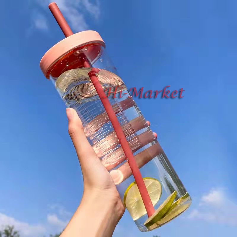 Botol Minum Infused Water dengan Sedotan Lipat Botol Saringan 塑料茶漏水杯