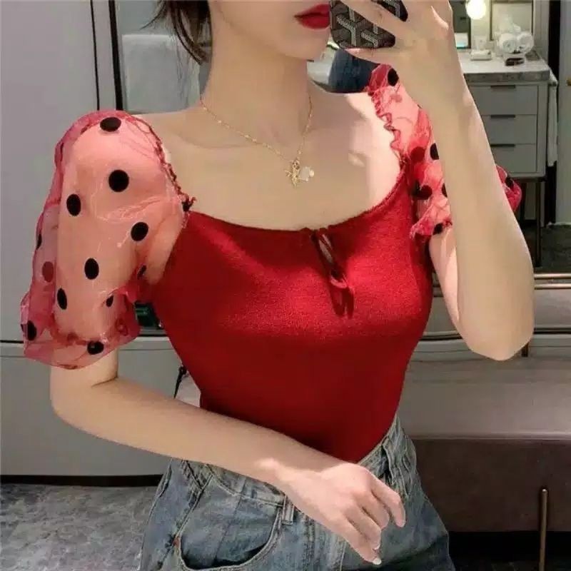 TBI T-Shirt Blouse Wanita Korea Style Top Knit Slim Baju Rajut Sexy Import Sabrina Polkadot Knitwear