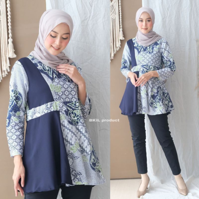 Batik wanita ASJ SA HRB026 Kenongo Kemeja Tosca Pendek-Melati navy