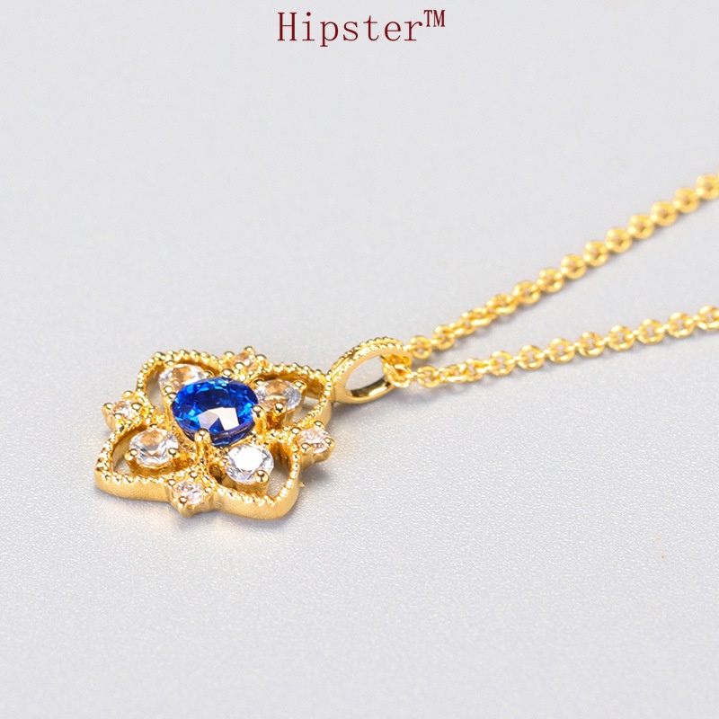 New Hollow Inlaid Diamond round Sapphire Pendant Necklace