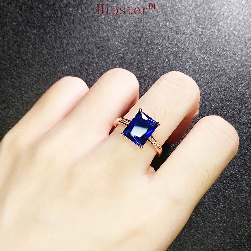 New Simple Fashion Luxury Domineering Inlaid Square Blue Crystal Ring