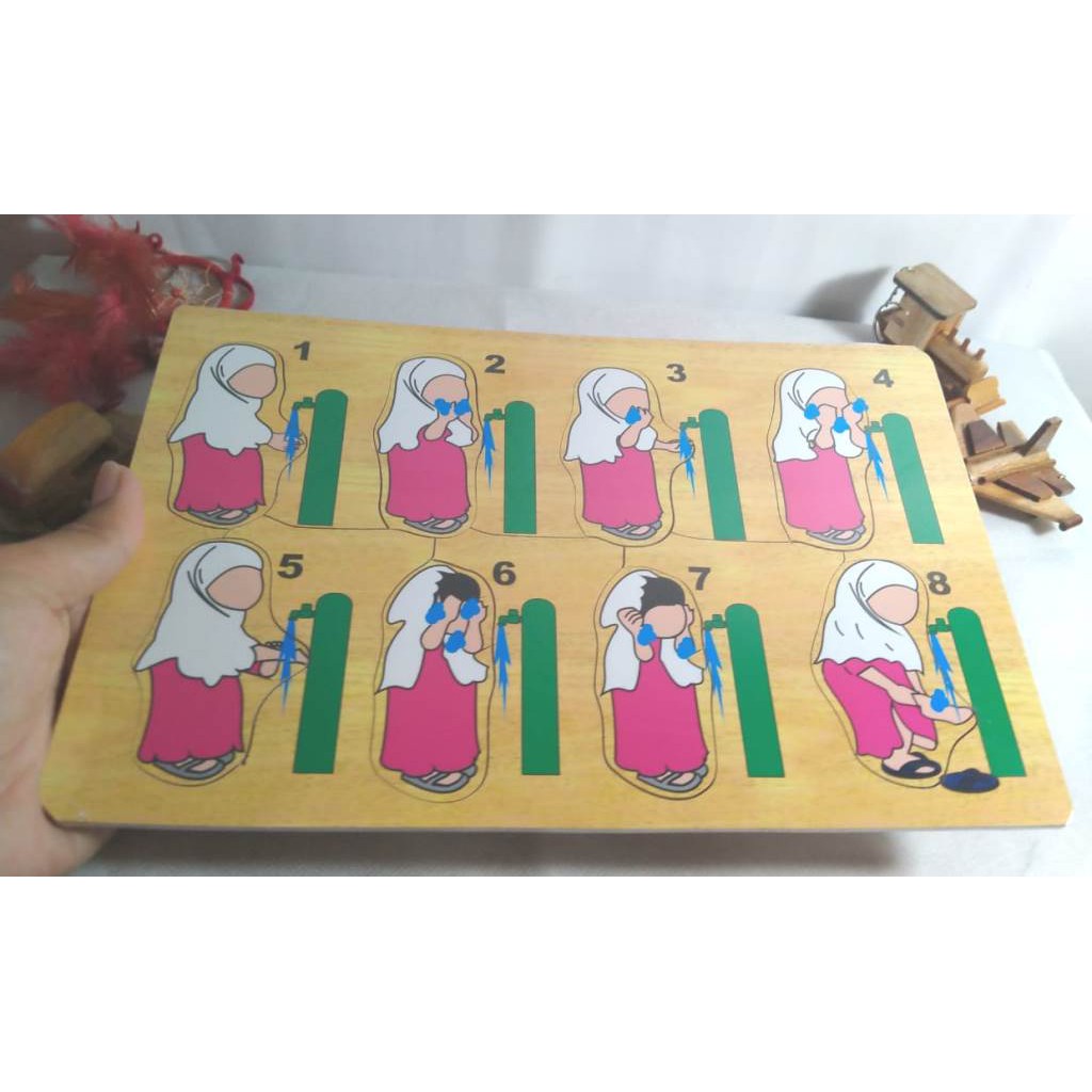 PUZZLE KAYU MAINAN EDUKASI PUZZLE GAMBAR GERAKAN WUDHU WANITA. RIENS COLLECTIONS