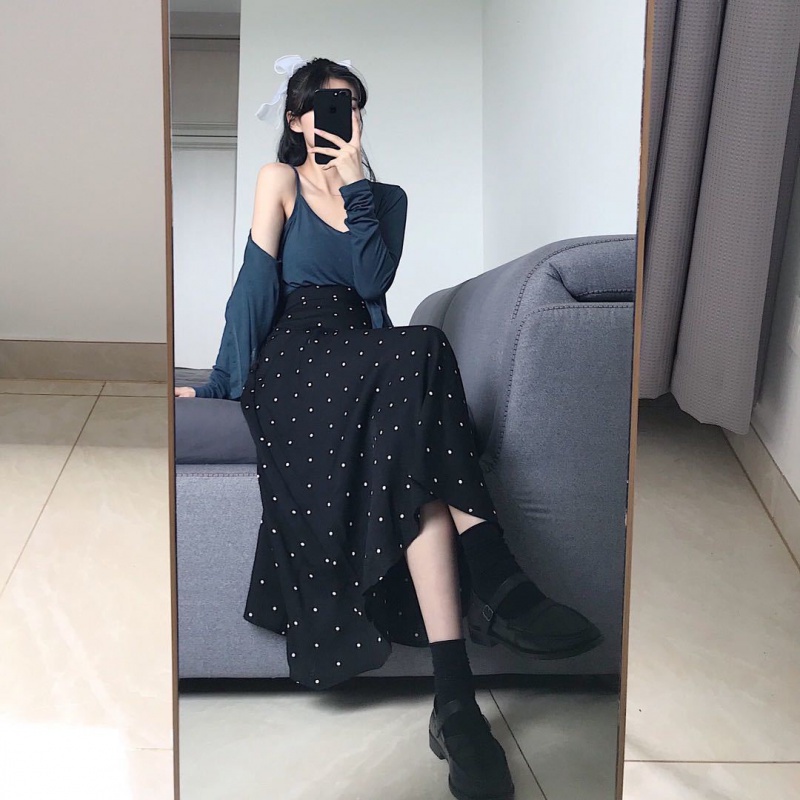 Versi Korea Fashion Chic Retro Pinggang Tinggi Hitam Polka Dot A-line Rok Wanita