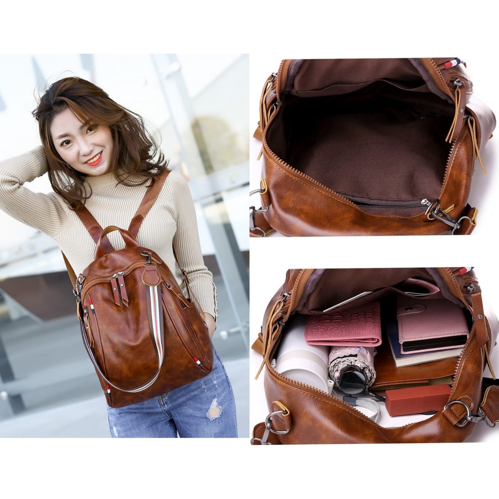 TAS RANSEL KULIT WANITA KOREA COKLAT MUNZI TA539B7 IMPORT BACKPACK BESAR GENDONG PUNGGUNG SEKOLAH KULIAH KERJA CEWEK KEKINIAN REMAJA BATAM BRANDED PREMIUM MURAH