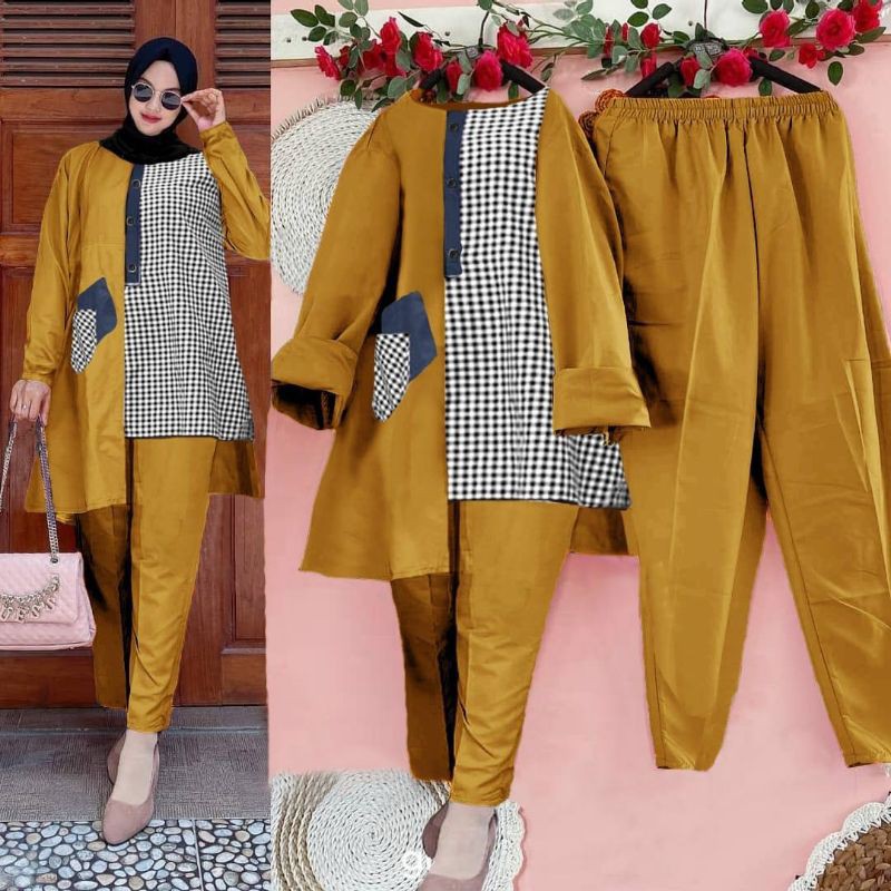 SET MOJOLA Setelan celana setcel panjang tunik polos