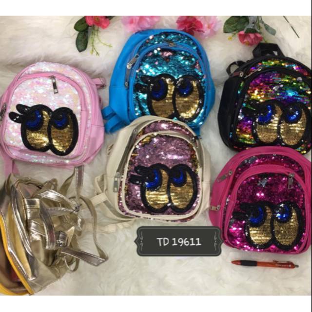 tas eyes sequin mata chiara multi colour rainbow manik glittery pink fanta tas sekolah anak sd smp