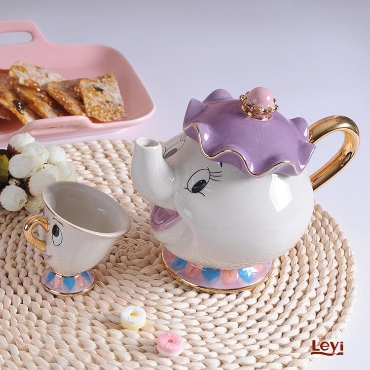 Set Teko Cangkir Teh Mrs Potts Beauty and The Beast Keramik - LFGBEEC - White