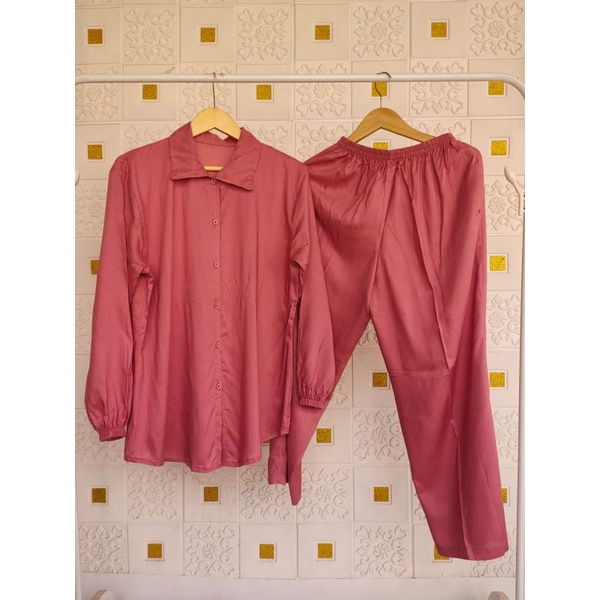 pajamas tangan panjang Karet / ONE SET PIYAMA KERAH KARET/ PAJAMAS POLOS RAYON