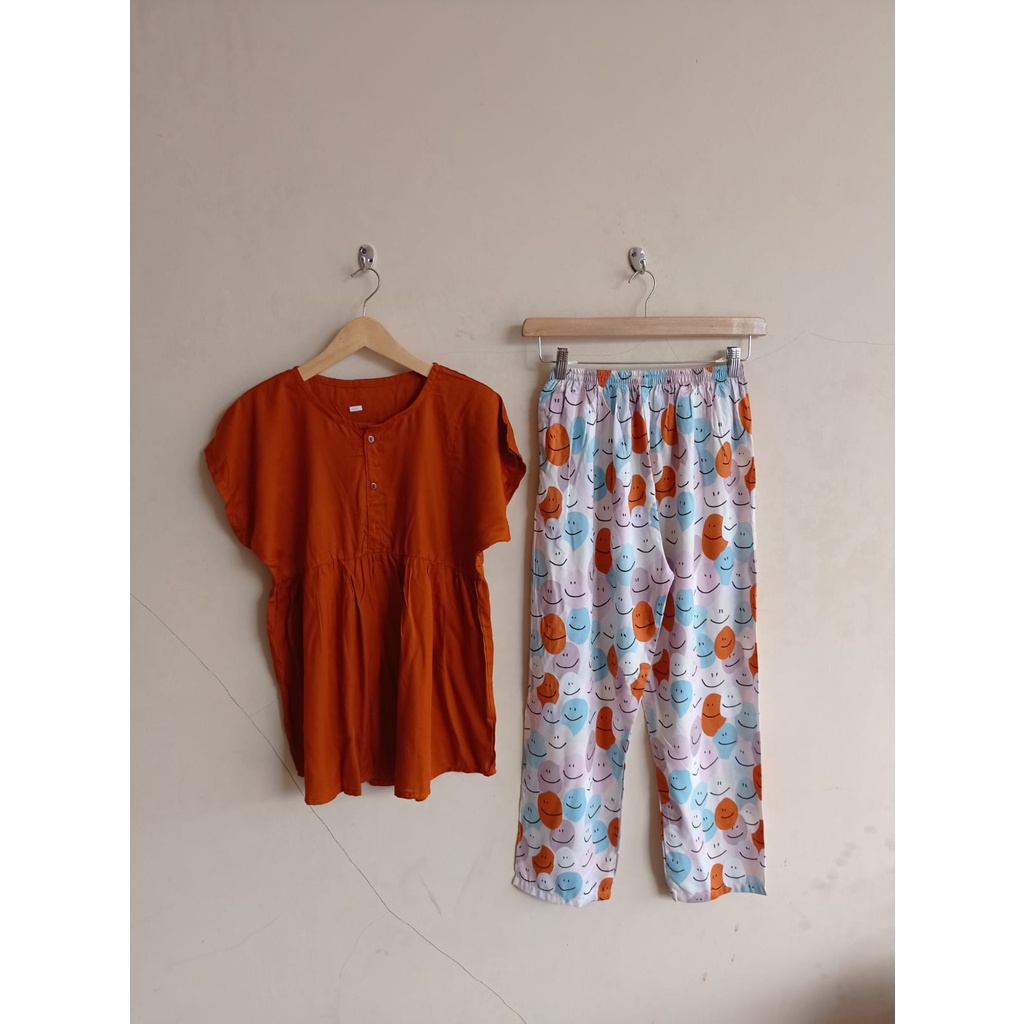 SETELAN BAJU TIDUR PIYAMA WANITA ONE SET PAJAMAS RUFFLE KANCING BUSUI CELANA PANJANG-BBR 33