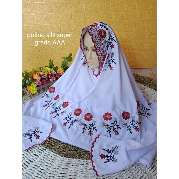(best Seller) Mukena Bordir Kudusan, Motif Bunga Kain polino silk, (bahan adem dan nyaman digunakan)
