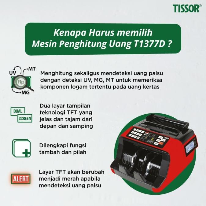 Tissor T1377D Mesin Hitung Uang - Denominasi Dual Screen Deteksi Palsu