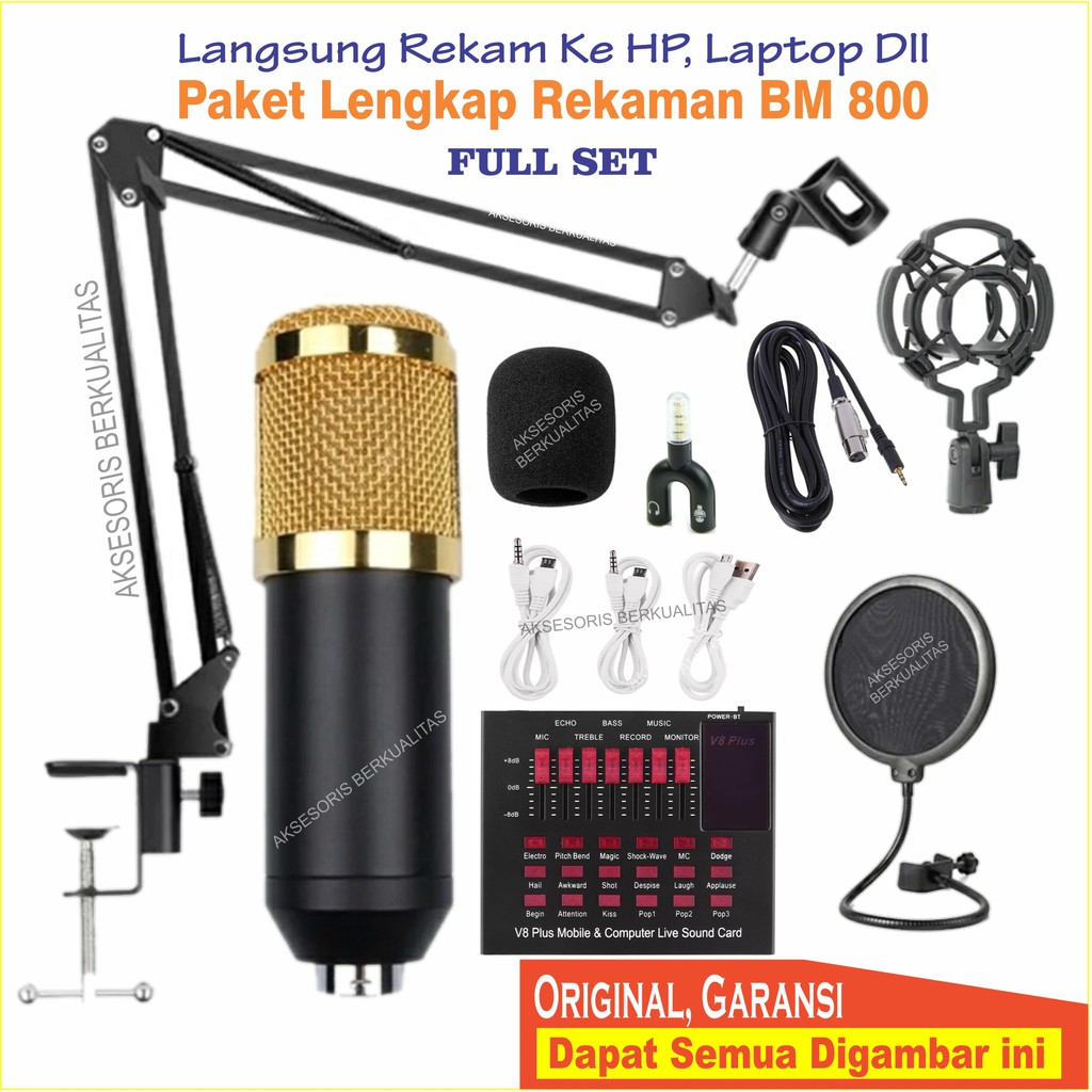 Paket Rekaman Mic BM 800 Mikrofon Condensor + Stand + V8 Plus + POP Filter [Komplit Siap Pakai]