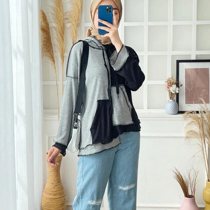 Miliki - HOODIE BOBAL JAKET TOPI JAHITAN TERBALIK KOMBINASI KEREN ABG POLOS RIB KAOS RAJUT GROSIR MO