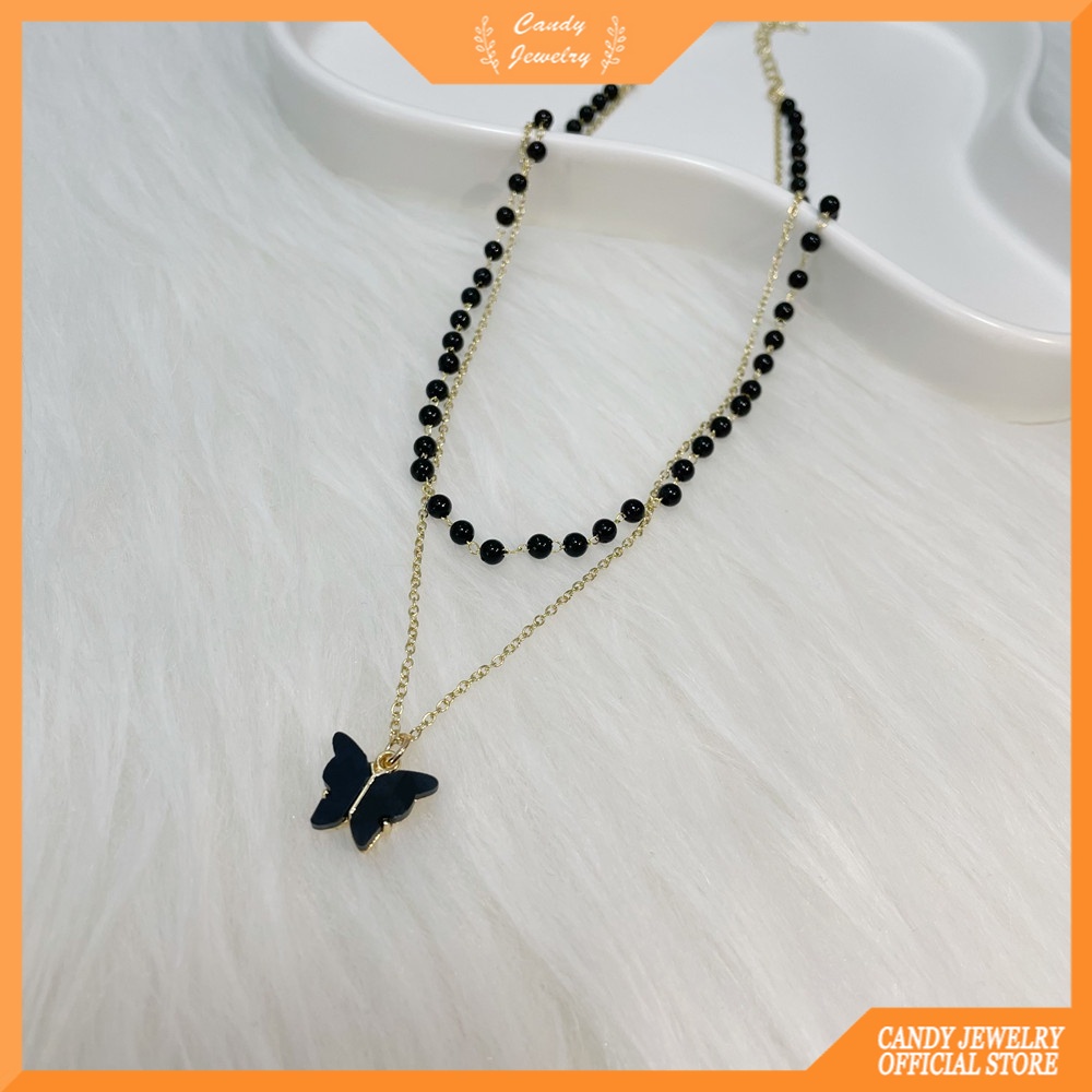 Kalung Gelang Rantai Klavikula Hias Liontin Kupu-Kupu Warna Hitam Gaya Retro Korea Untuk Wanita