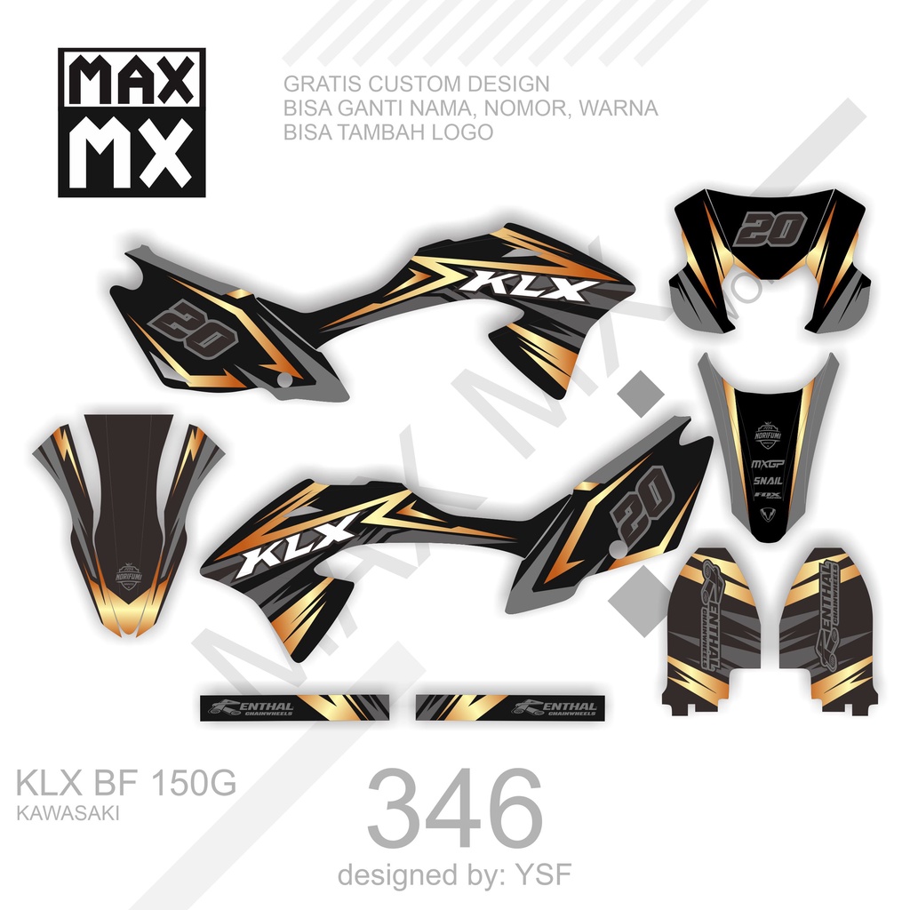 DECAL STIKER MOTOR KLX BF 150 G MOTIF GRAFIS TRAIL HITAM LIST GOLD
