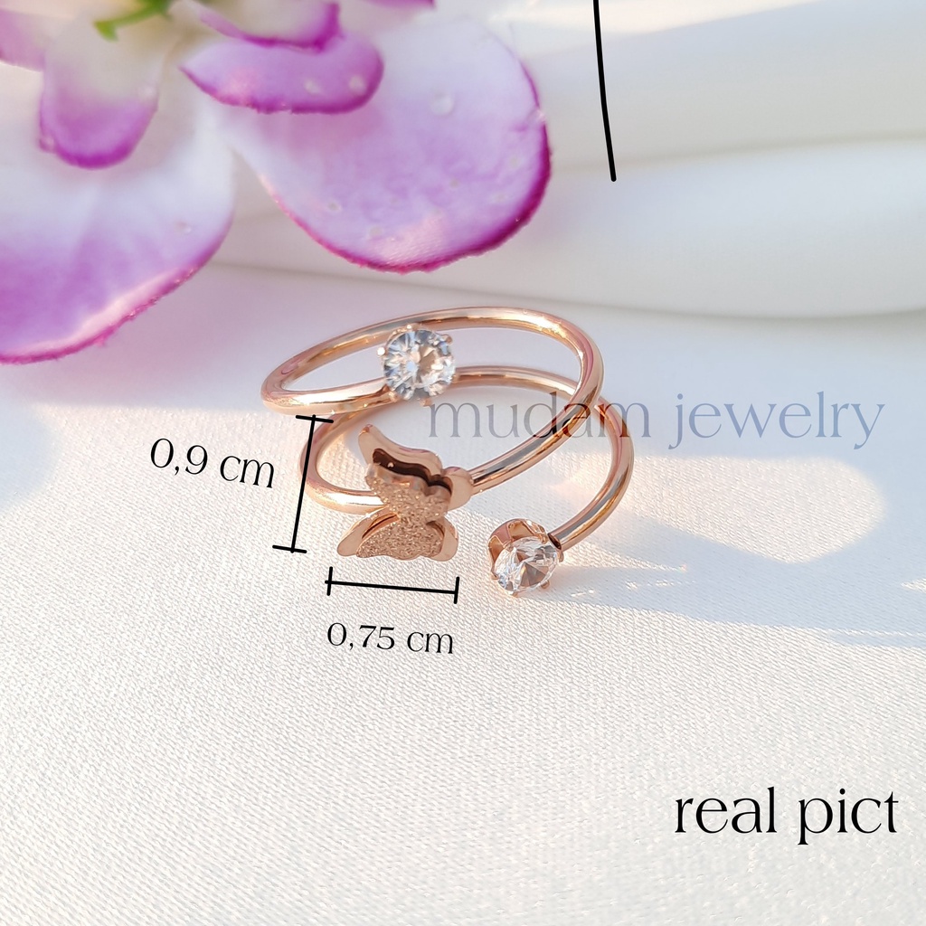 Cincin Titanium Kupu-Kupu Dua Diamonds Tersedia Warna Rosegold, Gold dan Silver