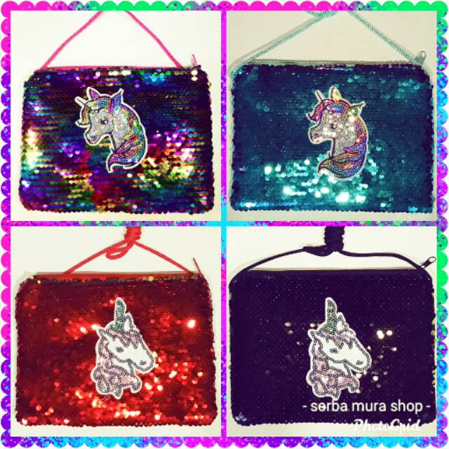 Tas selempang kecil sequin usap Unicorn blink blink