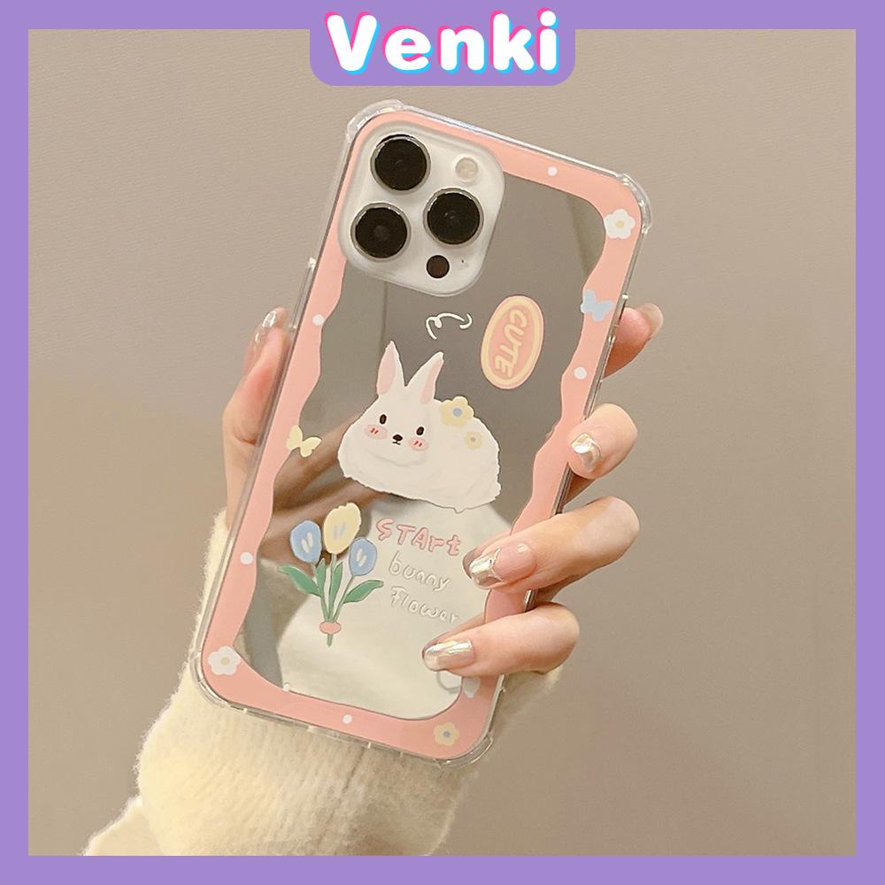 iPhone Case Acrylic Mirror Airbag Shockproof Protection Camera Cute Pink Rabbit Flowers Compatible For iPhone 11 iPhone 13 Pro Max iPhone 12 Pro Max iPhone 7 Plus iPhone x xr xs