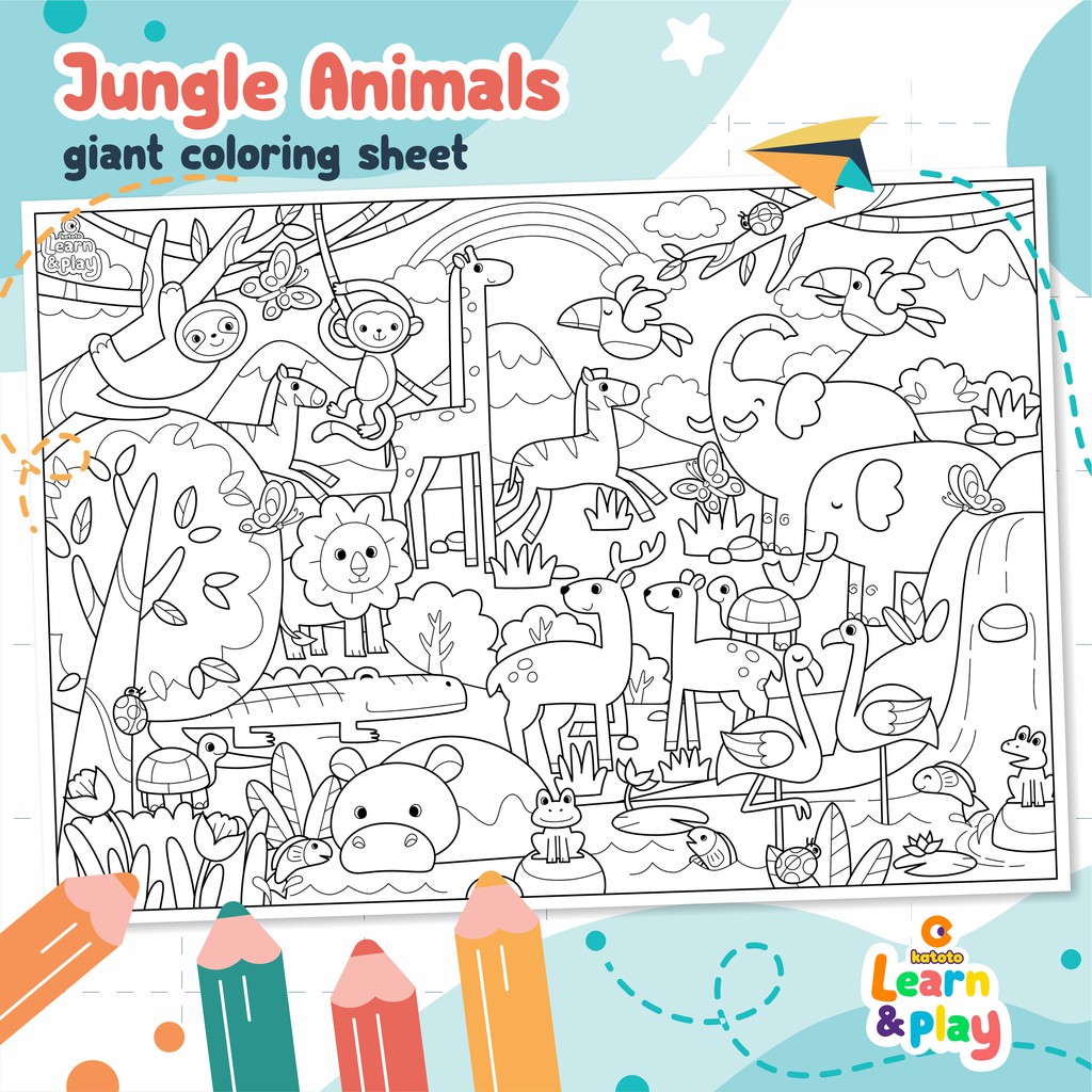 JUMBO COLORING SHEET JUNGLE ANIMALS LEMBAR MEWARNAI BESAR POSTER DOODLE RAKSASA LATIH IMAJINASI MOTO