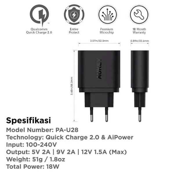 Aukey PA-U28 Quick Charge 2.0 - Aukey Adaptor Charger 18W FastCharging  TERMURAH