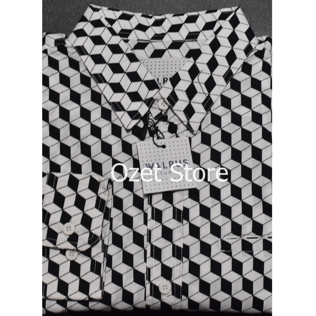 Kemeja Pria WALRUS Lengan Panjang Hitam Kombinasi Putih AQ13 ORIGINAL & REAL PICTURE